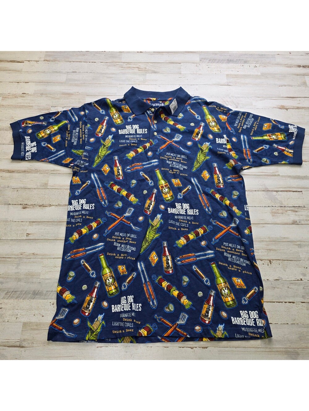 VTG Big Dogs Barbecue Rules Polo L Blue AOP BBQ Beer Corn 90s Y2K NWT Deadstock